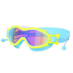 Kids Swim Goggles With Ear Plugs UV Protection Anti-Fog Leak Proof Wide View Pool Swimming Goggles (Option: Blue YellowRim)