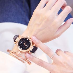 2022 Women's Watches Set Starry sky Ladies Bracelet Watch Casual Leather Sports Quartz Clock(No Box) (Color: Black)