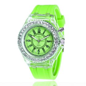 Luminous Watch Rhinestone LED Flash Couple Silicone For Women Unisex Round Quartz Sports Watch (Color: Green)